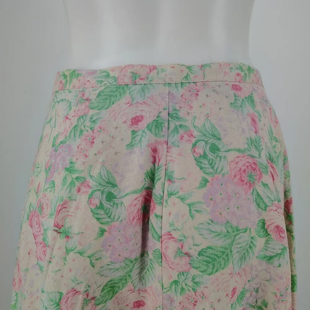 Vintage Lauren Ralph Lauren 100% Linen Floral Button-Front Skirt FLAW Size 8